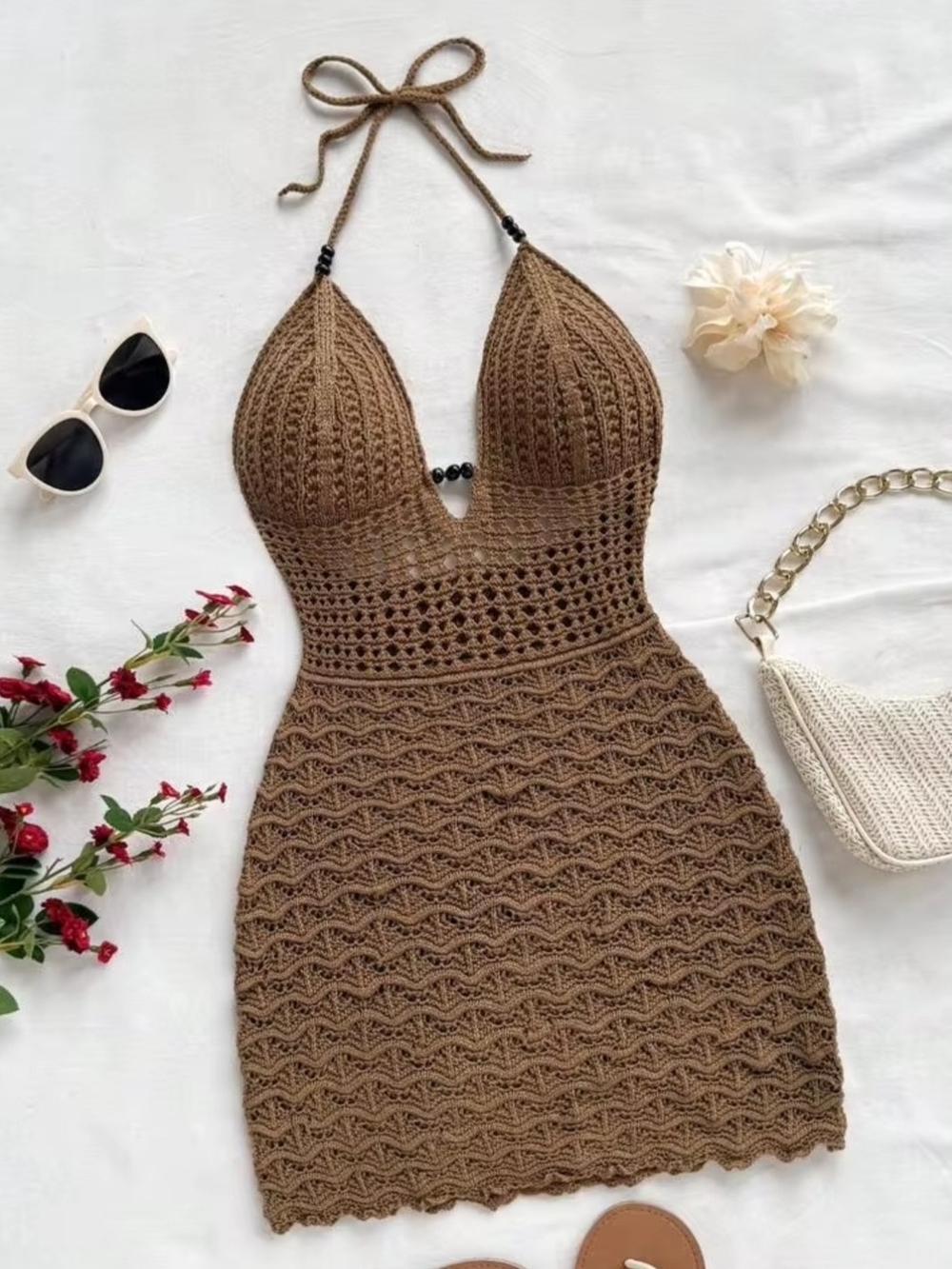 Brown Crochet Halter Dress - Beach-Ready Knit Mini